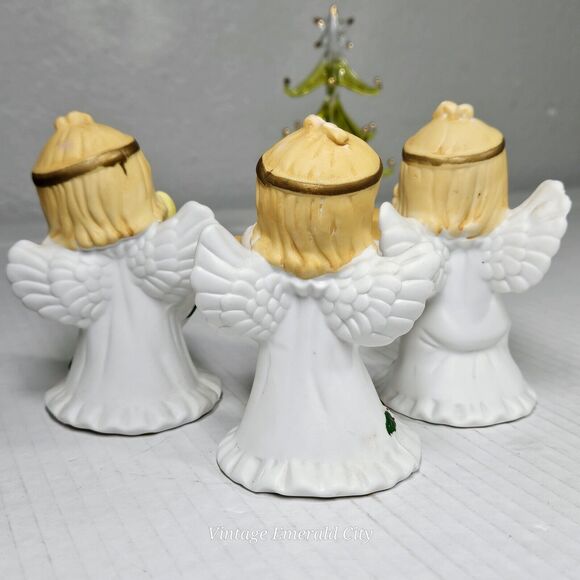 Vtg Trio of 3 Praying Angels Wings Holly Porcelain Harp Candle Star Taiwan 4”H - Picture 5 of 9